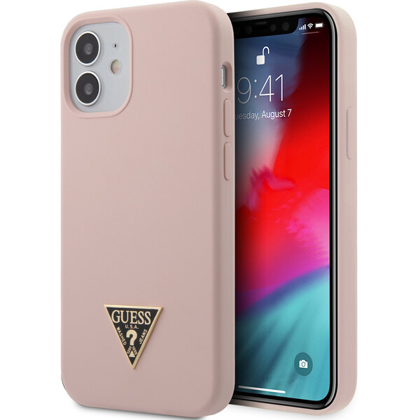 Guess Silicone Metal Triangle kryt iPhone 12 mini 5.4" světle růžový
