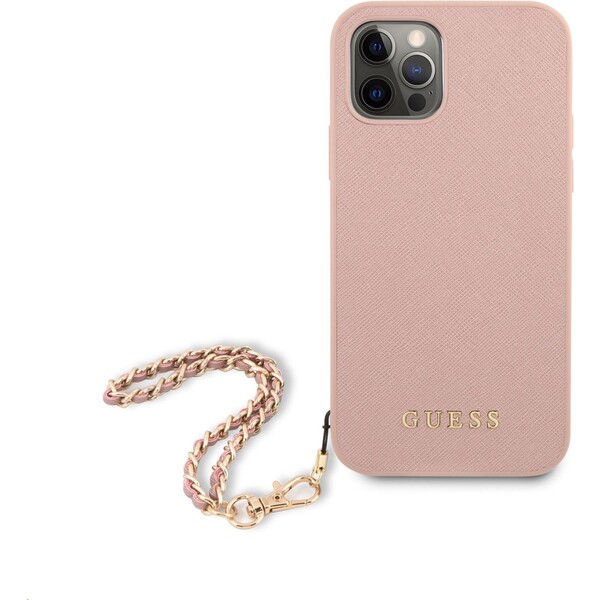 Guess PU Saffiano Gold Chain kryt iPhone 12/12 Pro růžový