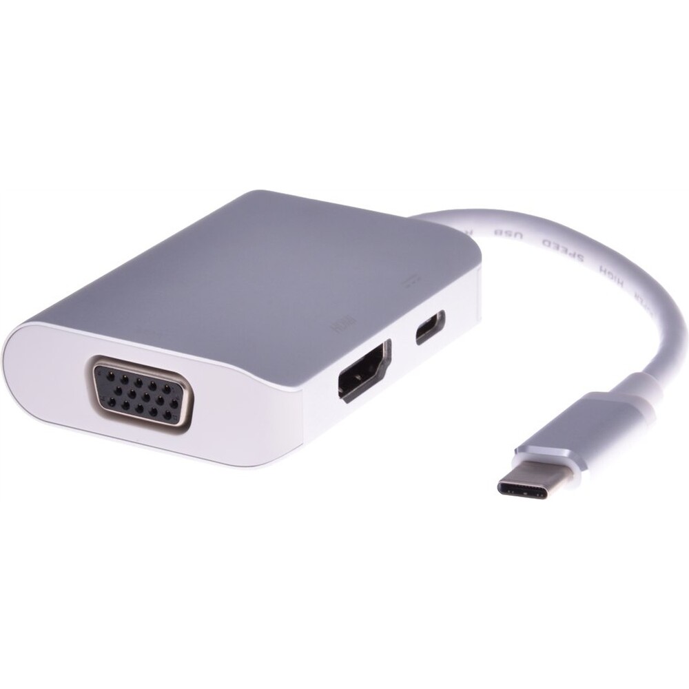PremiumCord Převodník USB3.1 typ C na HDMI + VGA + PD nabíjení šedý